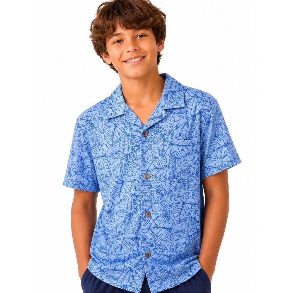 Tommy Bahama Boys Blue Tropical Button Front Lounge Pajama Shirt Size 10/12